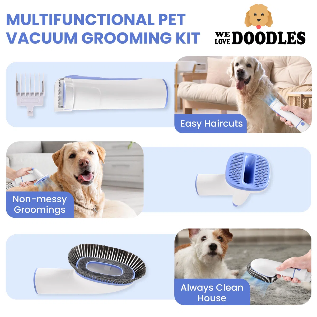 We Love Doodles Kit de aspiradora de aseo para perros, aspiradora de pelo de mascotas para perros, desprendimiento