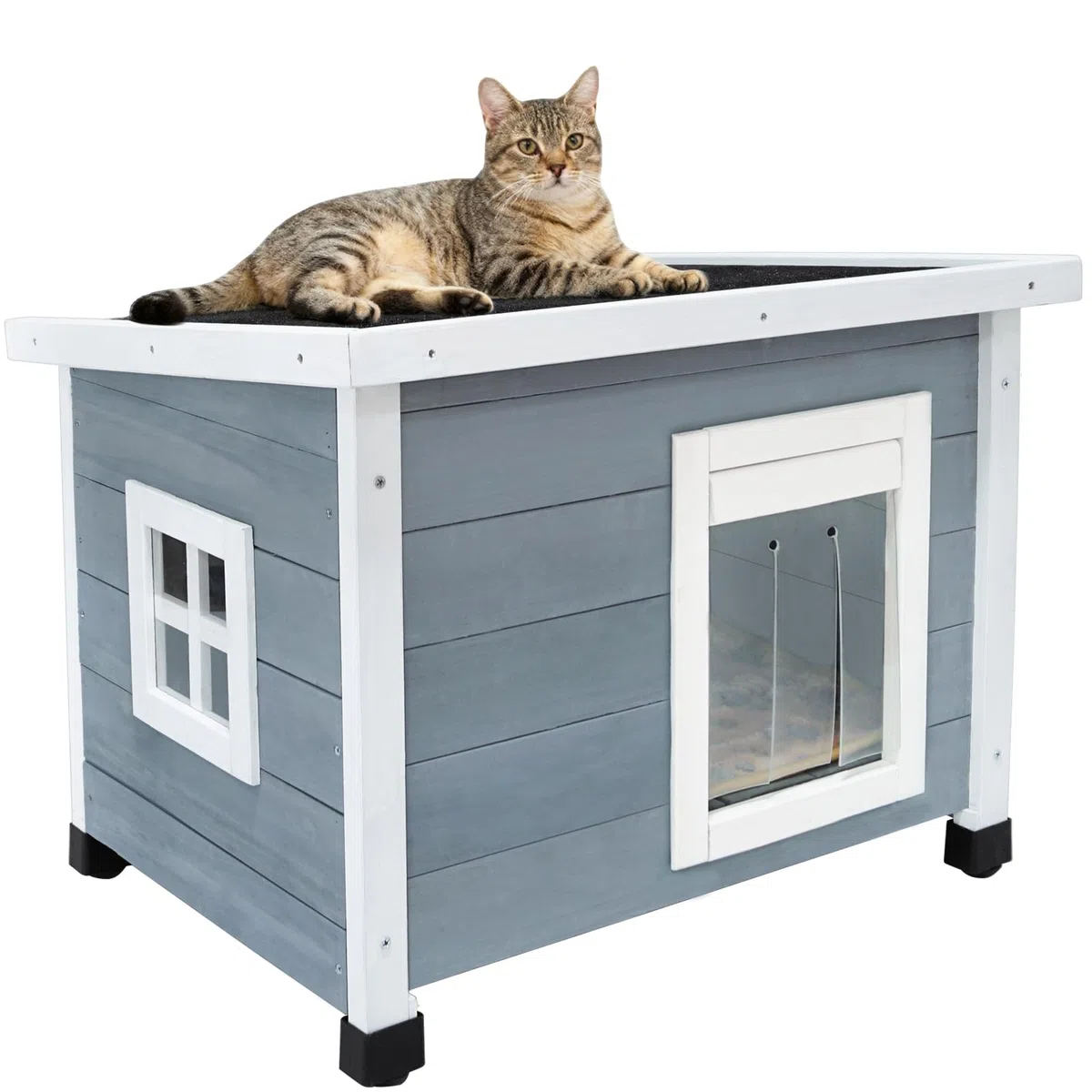 Caseta de madera para gatos al aire libre con techo de asfalto impermeable, adecuada para cachorros y animales pequeños