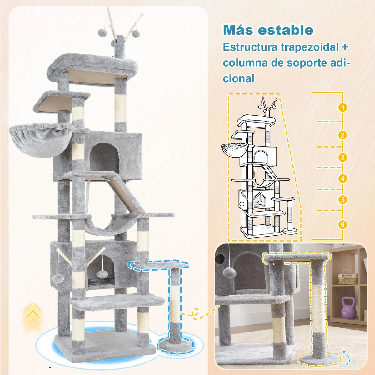 Hey-brother 210 cm Árbol para Gatos, Rascador para Gatos Grande Apto para hogares con Varios Gatos, Equipado con 2 Cuevas Grandes, Hamaca, Cesta y Varita Juguete extraíble, Gris Claro EMPJ082W