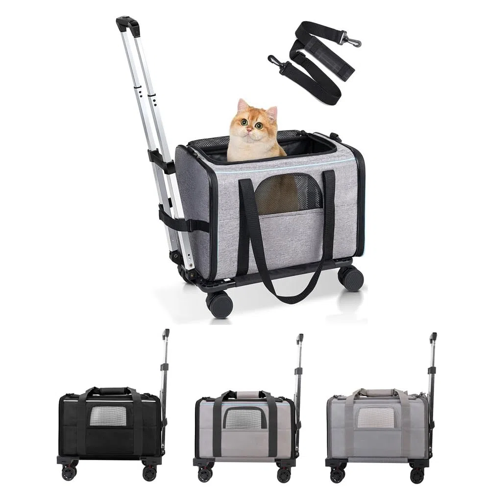 Bolsa con Ruedas para Mascotas, Transportador con Ruedas Desmontable, Transportador de Viaje Portátil con Asa Telescópica, 4 y Correa para el Hombro, Ideal para Perros Pequeños, Gatos, (Gris
