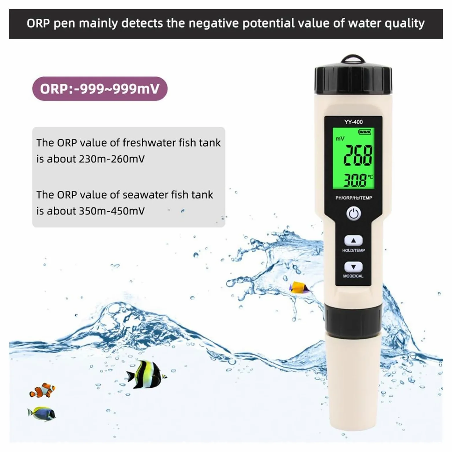Medidor Agua 4 En 1 H2/PH/ORP/Temp Meter Digital Water Quality Monitor Tester For Piscinas Agua Potable, Acuarios Multiusos Preciso Fácil(YY-400N)