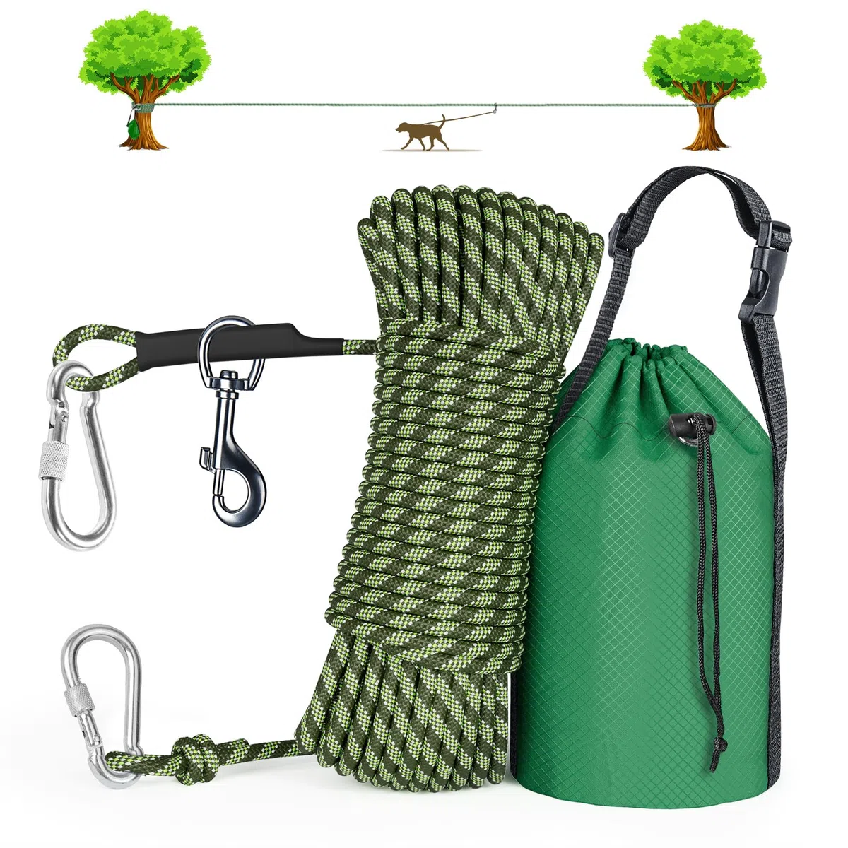 Tresbro Cuerda de cable de amarre para perros de hasta 300 libras, verde militar, 75 pies