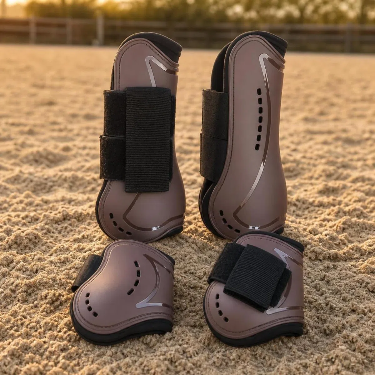 Protector de Pierna de Caballo Botas Tendón Bota de Salto Funda de Pata con Ajuste Personalizable Que Evita Deslizamiento Material PU y Nylon, Marrón, Mediano