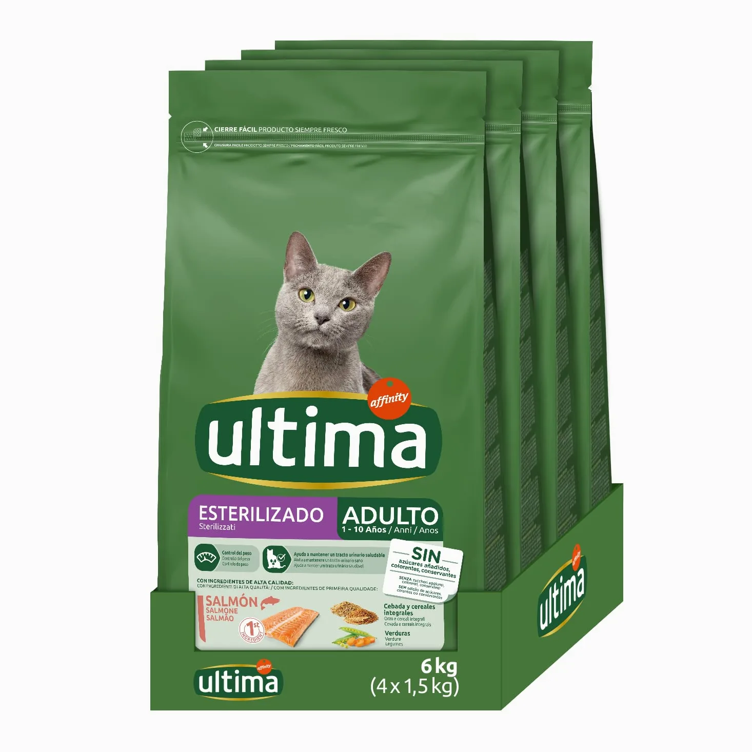 Ultima Comida Húmeda para Gatos con Buey y Atún, 12 x (4 x 85 gr), 4080g & Pienso para Gatos Esterilizados Adultos con Salmón 4 x 1.5 kg