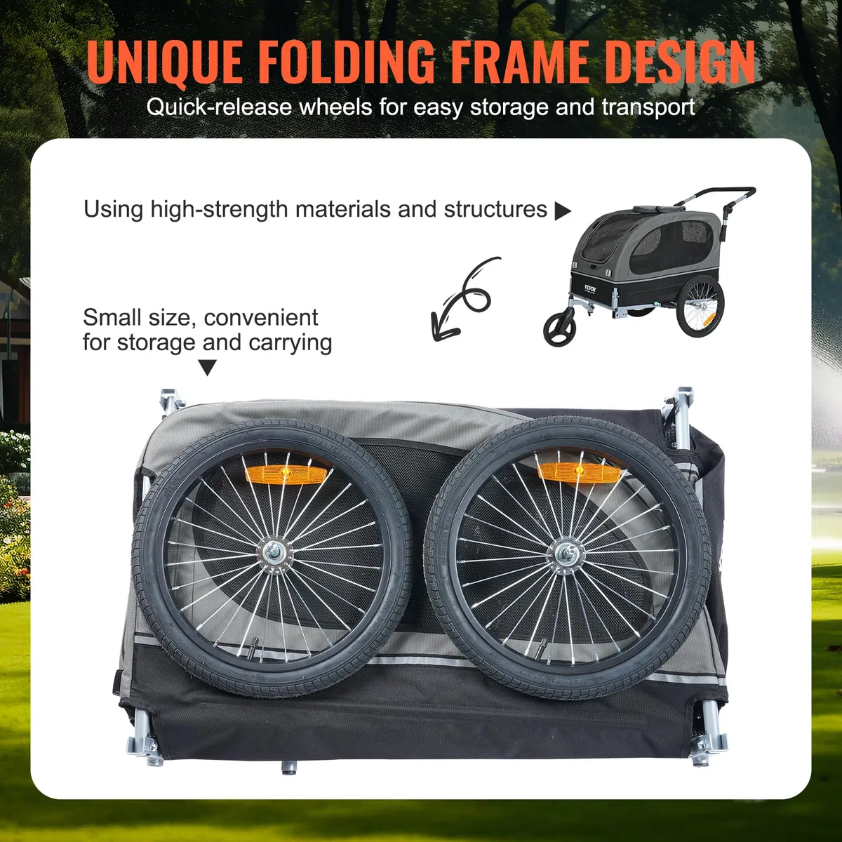 VEVOR Remolque Plegable para Bicicleta para Perros Carga de 450kg Cochecito para Mascotas 2 en 1, Marco Fácil de Plegar con Ruedas de Liberación Rápida, Acoplador Universal para Bicicleta, Reflectores