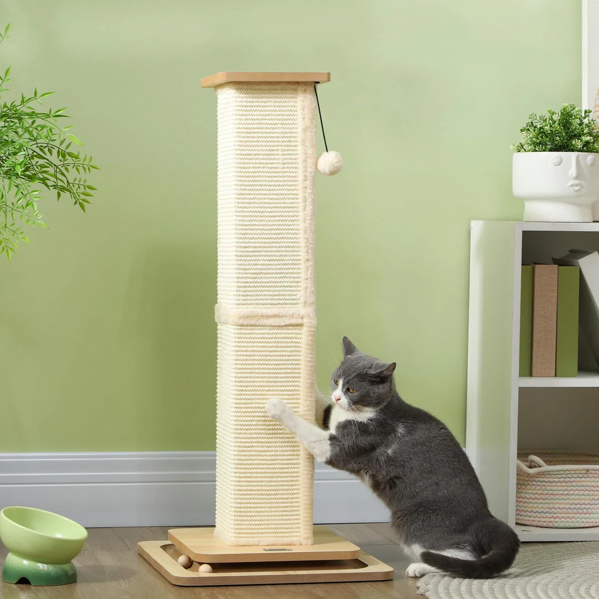 PawHut Poste Rascador para Gatos 87 cm con Bola Colgante y Sisal Roble | Rascador para Gatos, Arañador, Juguete de Pelota de Pista