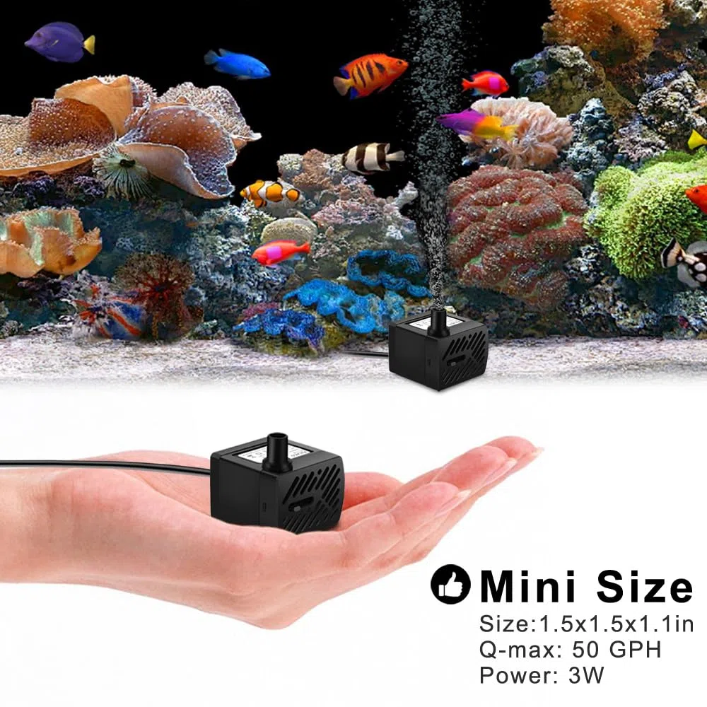PULACO 2 mini bombas de fuente (50 GPH 3 W), bomba de agua sumergible ultra silenciosa para acuario, tanque de peces pequeño, fuente de agua para mascotas, fuentes de mesa, jardines de agua y sistemas