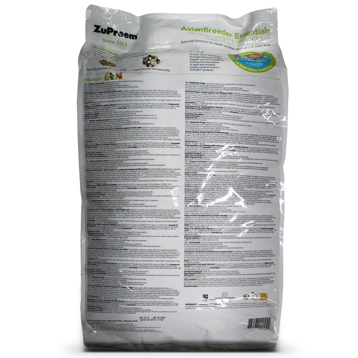 Zupreem Essentials Breeder Alimento para Aves de Tamaño Mediano - Pienso para Pájaros Indicado para la Cría de Agapornis, Cacatúas NINFA, Cotorras Pequeñas y Cotorras Argentinas - 18 kg