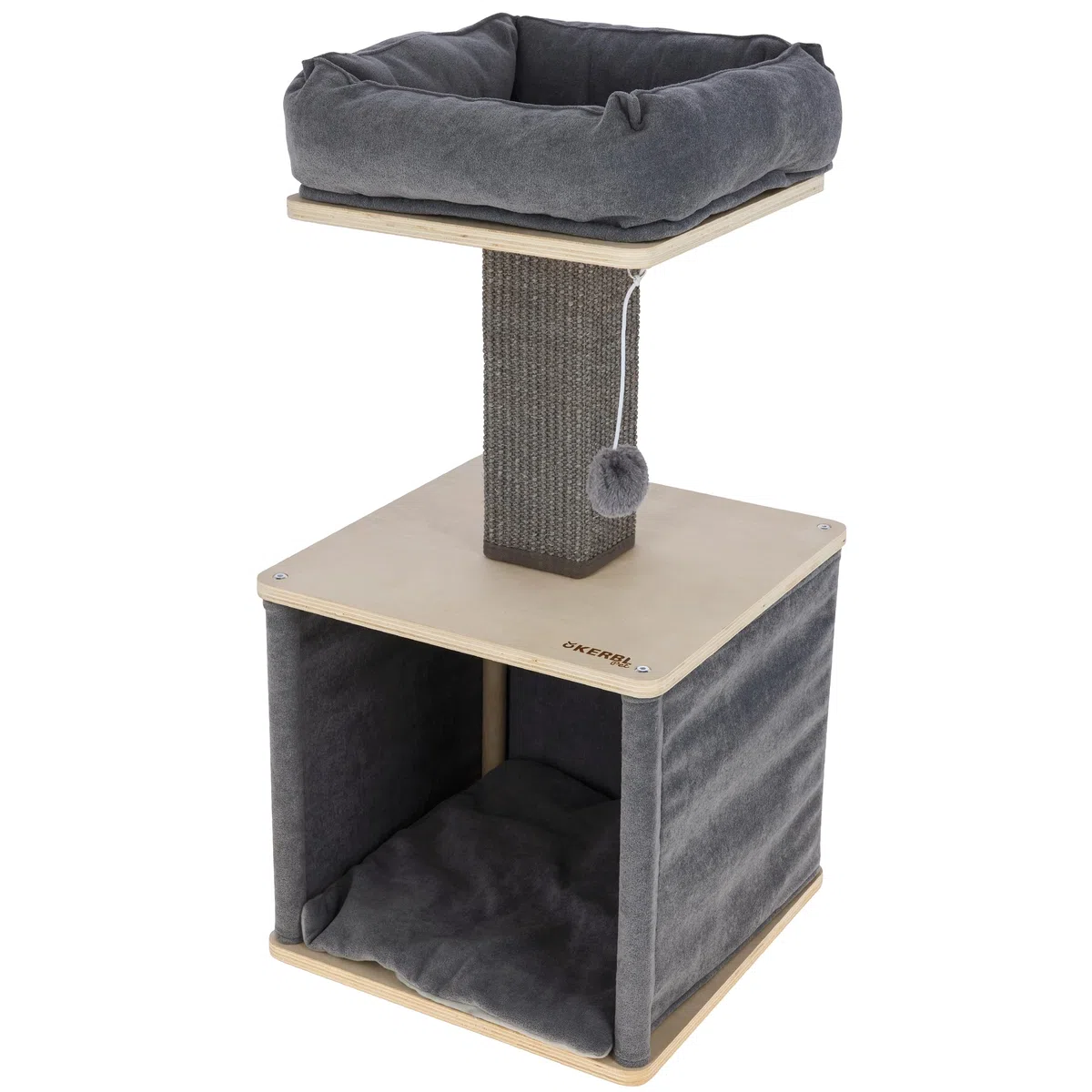 Kerbl Pet Árbol rascador Noah II, mueble rascador, gris/natural, 38 x 38 x 78 cm, madera maciza, para gatos y gatitos, con columna de sisal, cama lavable, diseño moderno