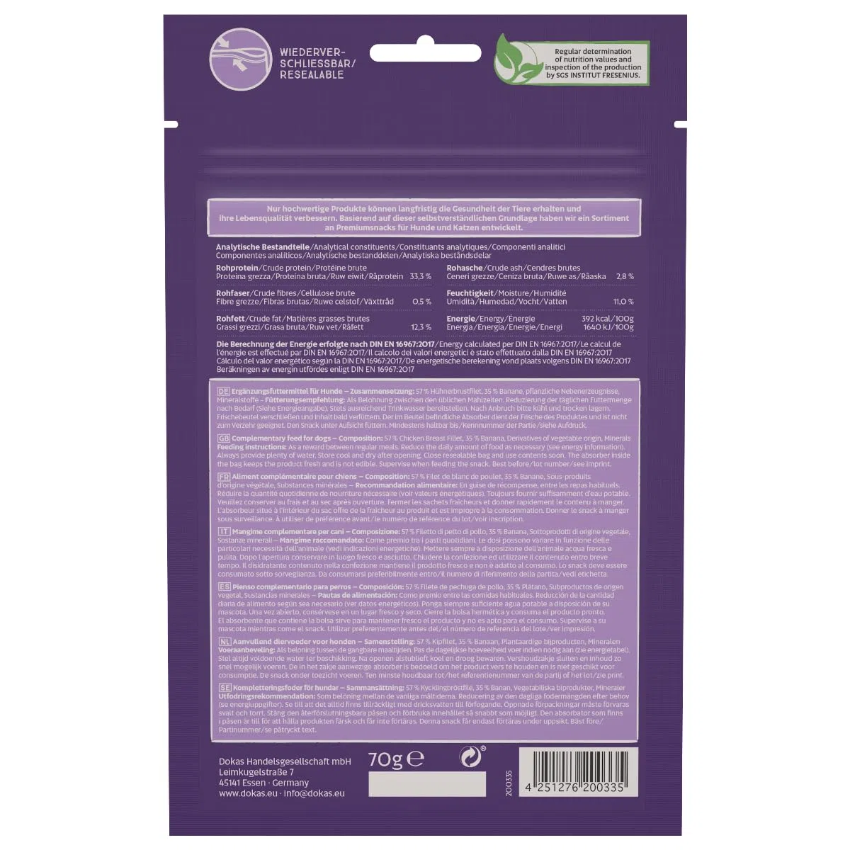 Dokas Snack Premium sin Cereales con pezuña de Pollo para Perros, plátano, 1 x 70 g
