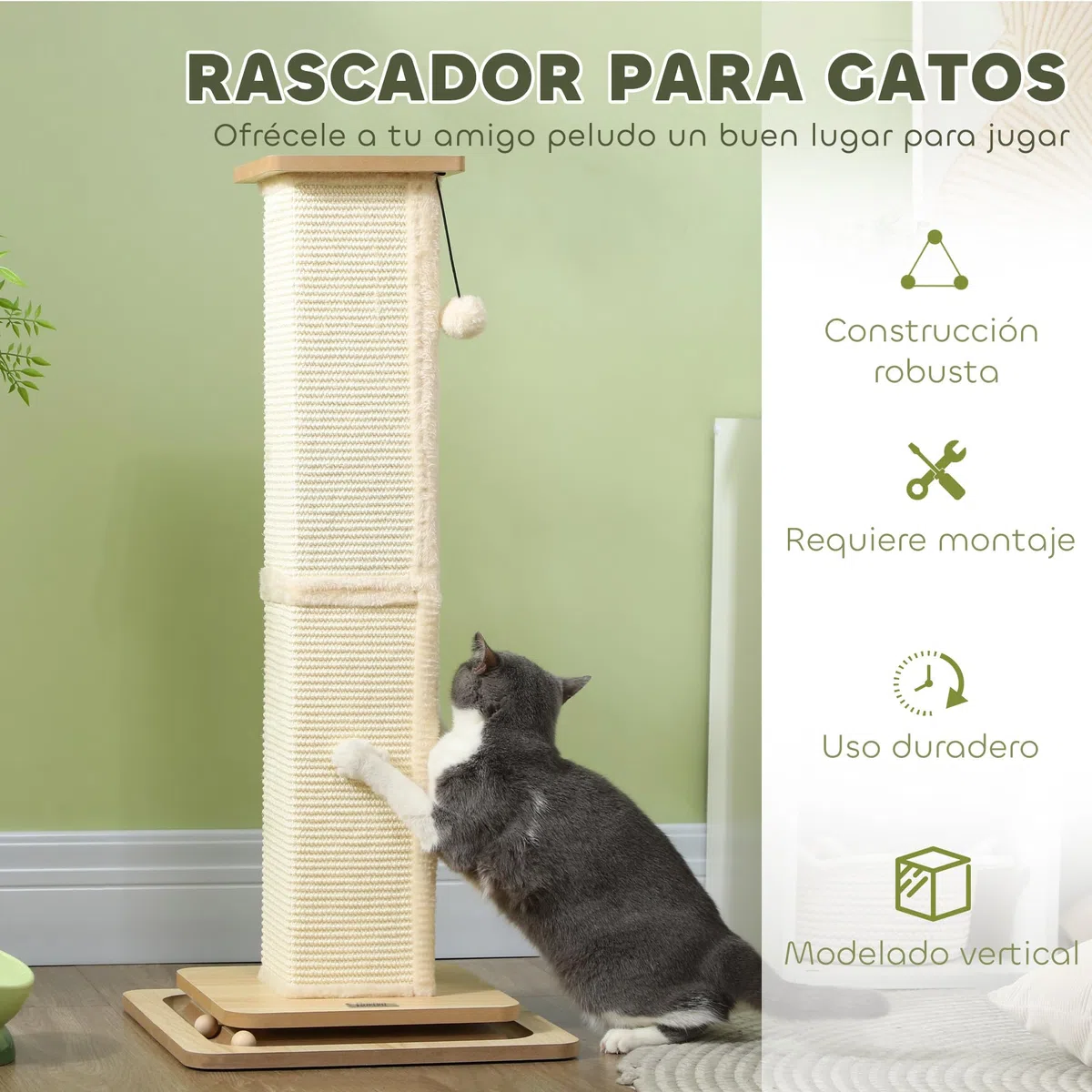 PawHut Poste Rascador para Gatos 87 cm con Bola Colgante y Sisal Roble | Rascador para Gatos, Arañador, Juguete de Pelota de Pista