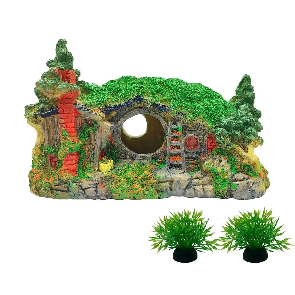 Decoración de Acuario Hobbit, pequeña habitación paisajística, Cueva de Resina, pecera for Reptiles(Green02)