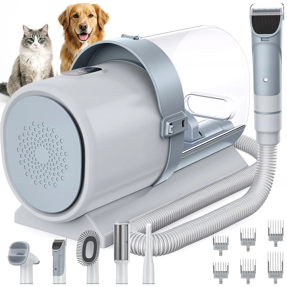 NEWBULIG Kit de aspiradora de aseo para mascotas, taza de polvo de 2.5 L, 3 modos de succión y 5 herramientas de peluquería, cortadora de perros con bajo ruido inalámbrico para gatos, perros y otros