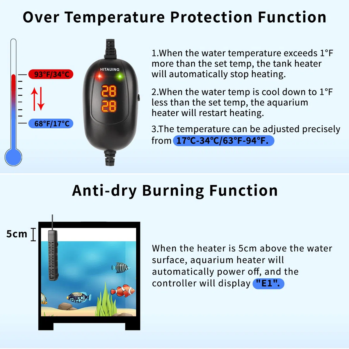 HiTauing Calentador de acuario, 50 W/100 W/200 W/300 W/500 W calentador sumergible para pecera con protección contra sobretemperatura y apagado automático al dejar agua, apto para agua salada y agua