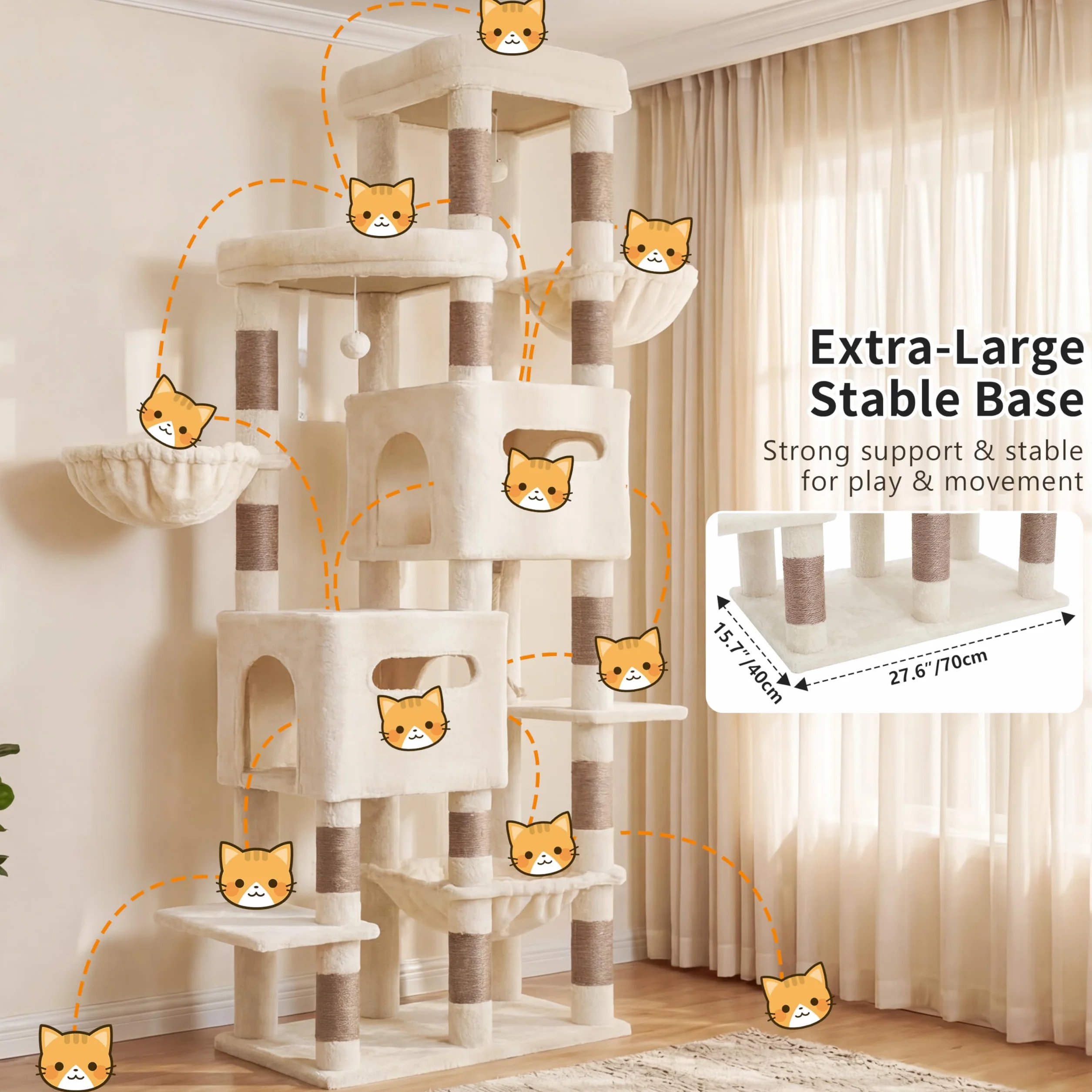Heybly Árbol Rascador para Gatos Grandes, 190 cm Rascador para Gatos XXL, Torre Alta y Espaciosa con Amplia Plataforma Superior, Base Estable, 2 Casitas, Hamaca y Postes de Sisal, Beige HCT062MJ