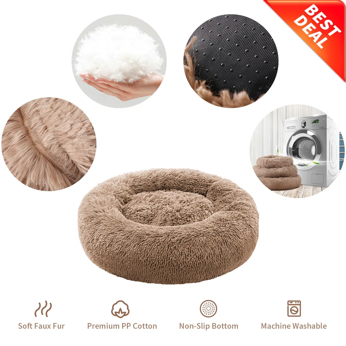 Cama calmante para perros medianos y grandes, pequeños, gatos, esponjosa, antiansiedad, lavable, para cachorros, de felpa, antideslizante, para calentar la piel sintética