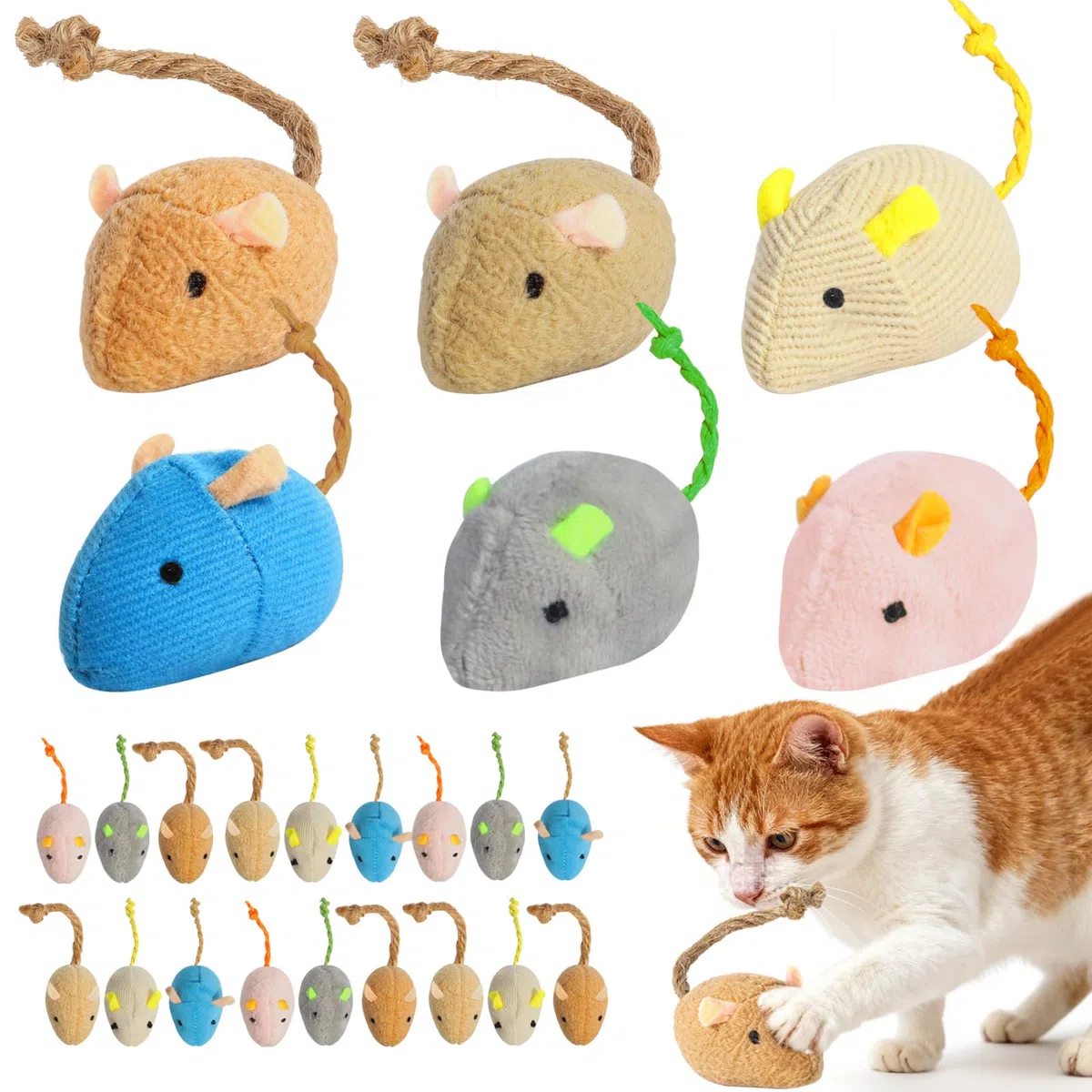 Paquete de 24 ratones coloridos de 2.36 pulgadas para gatos, juguetes interactivos de animales de hierba gatera de peluche con forma de ratón para gatos de interior