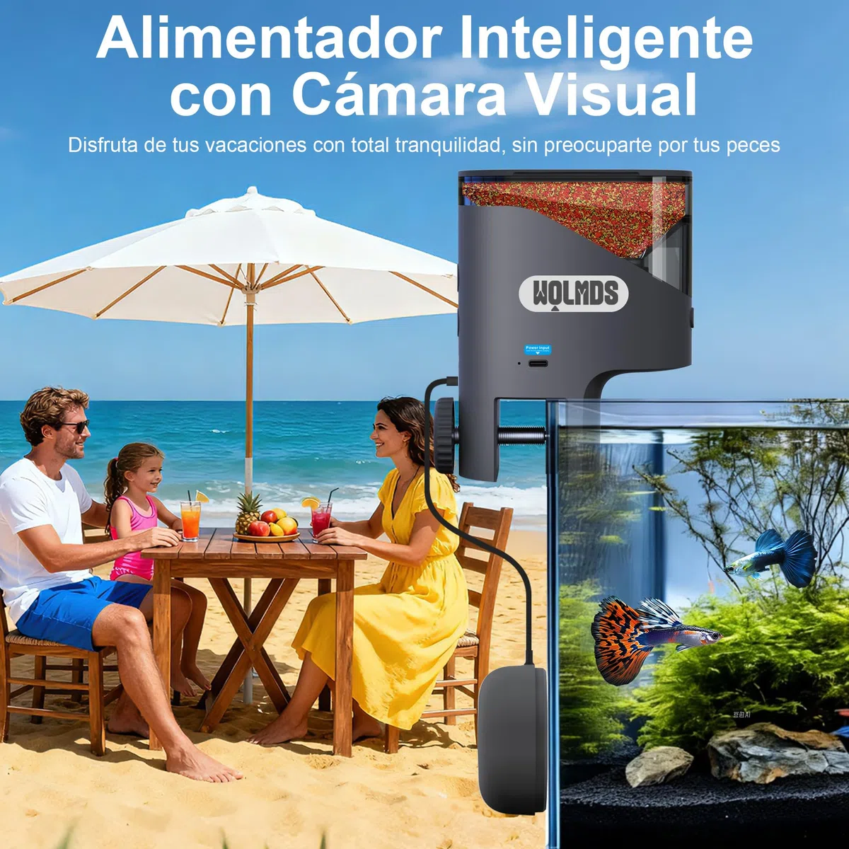 Alimentador Automático Peces WiFi con Cámara 2.5K HD Visión Nocturna, Dispensador Inteligente App, 0.2g/0.6g para Acuario, Anti-Humedad, Plan de Alimentación Personalizable (Gris Oscuro)
