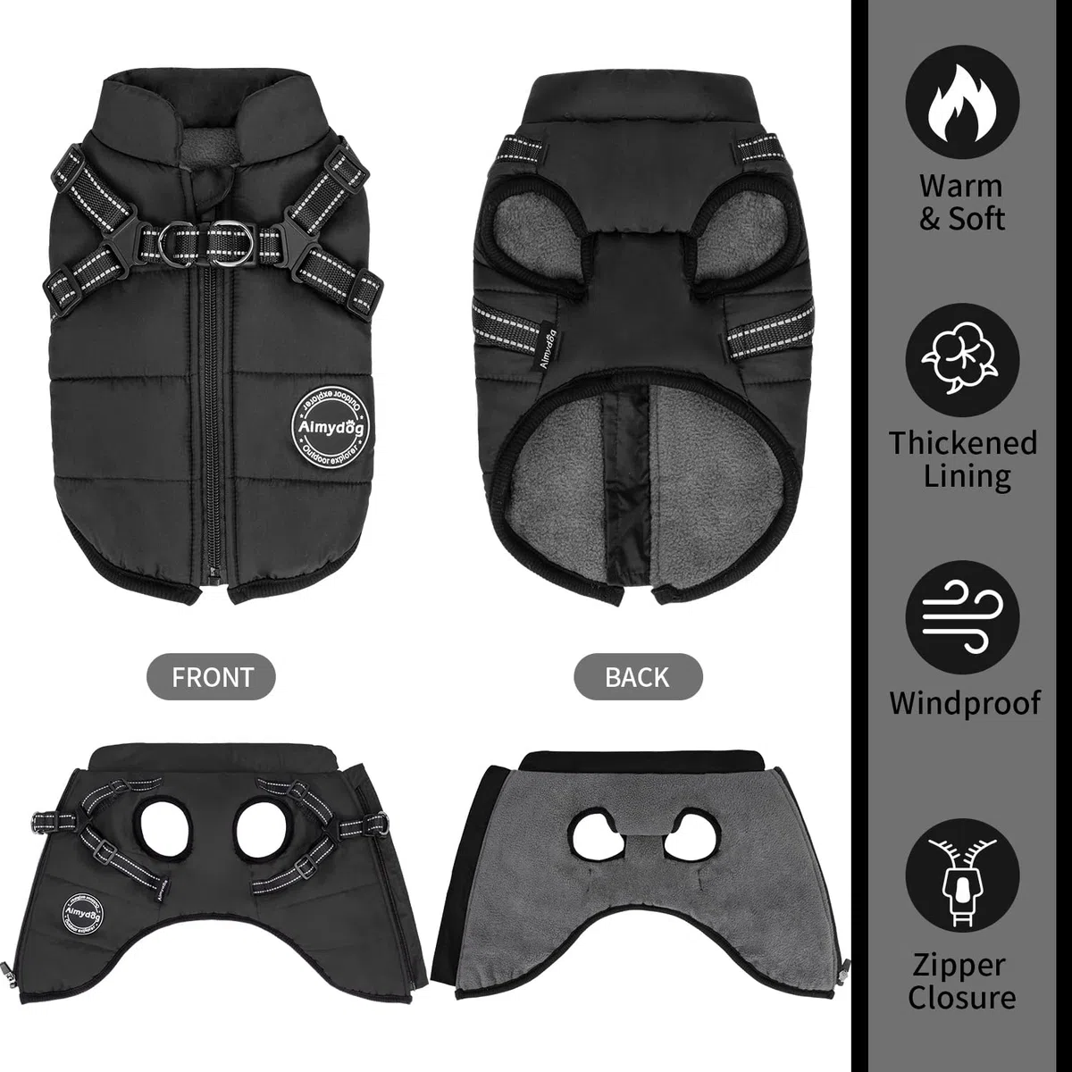 Abrigo de invierno cálido para perro, chaqueta resistente al viento, chaleco negro reflectante y ajustable para mascotas con arnés, forro polar grueso, ropa acogedora para perros y gatos