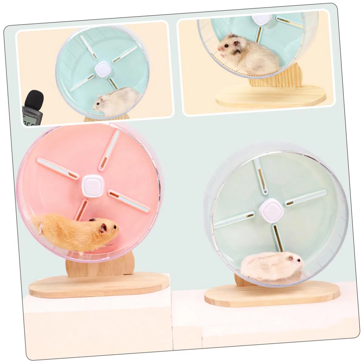 WOONEKY Rueda Silenciosa para Hámster y Erizo 20 Cm de Plástico Soporte de Madera para Jaula, Rueda Compacta y Estable para Pequeños Roedores Mascotas