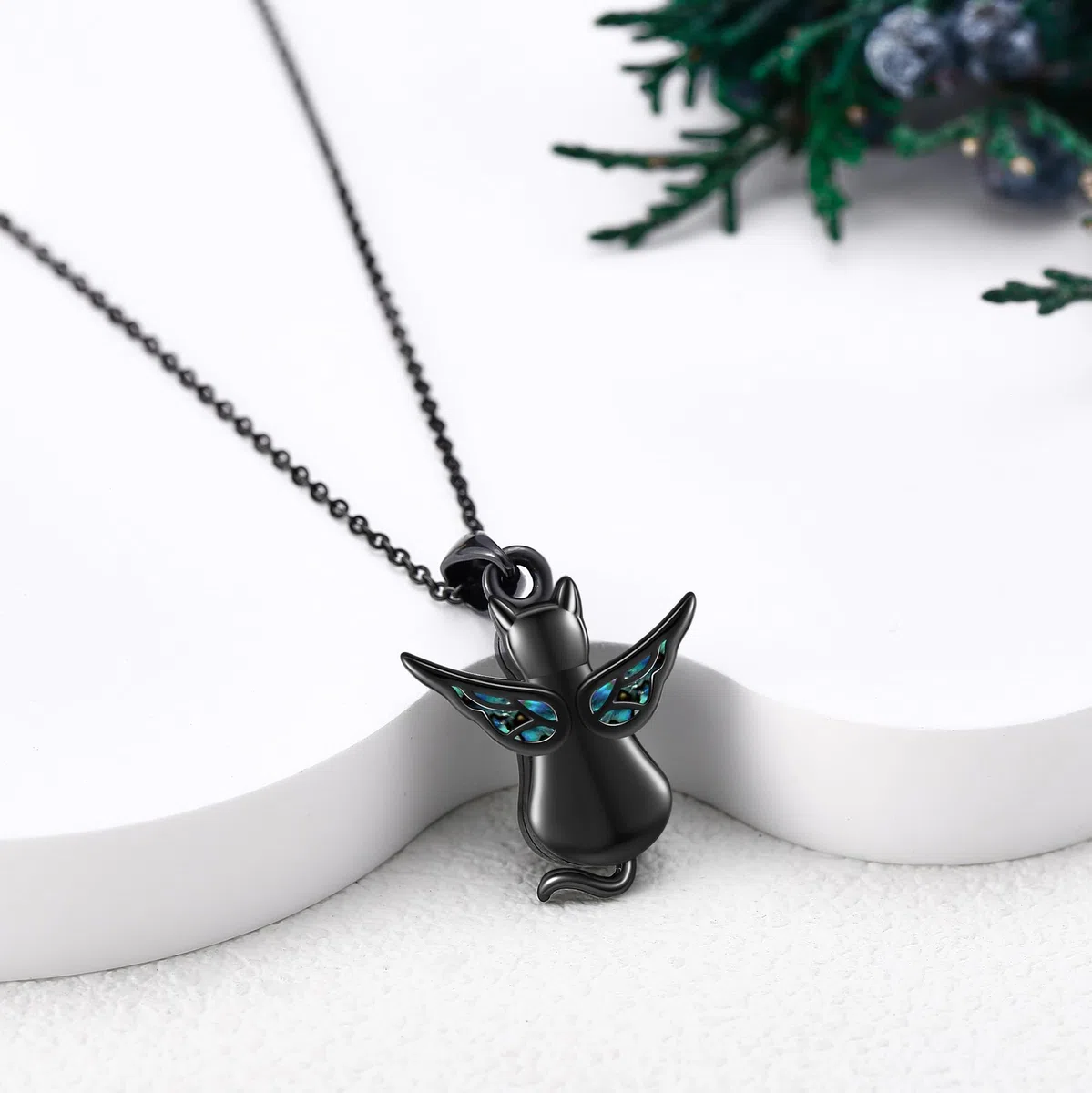 ONEFINITY Collar de urna de gato negro para cenizas, plata de ley, alas de ángel, recuerdo de gato, colgante conmemorativo para mascotas, regalo de joyería para mujeres y hombres