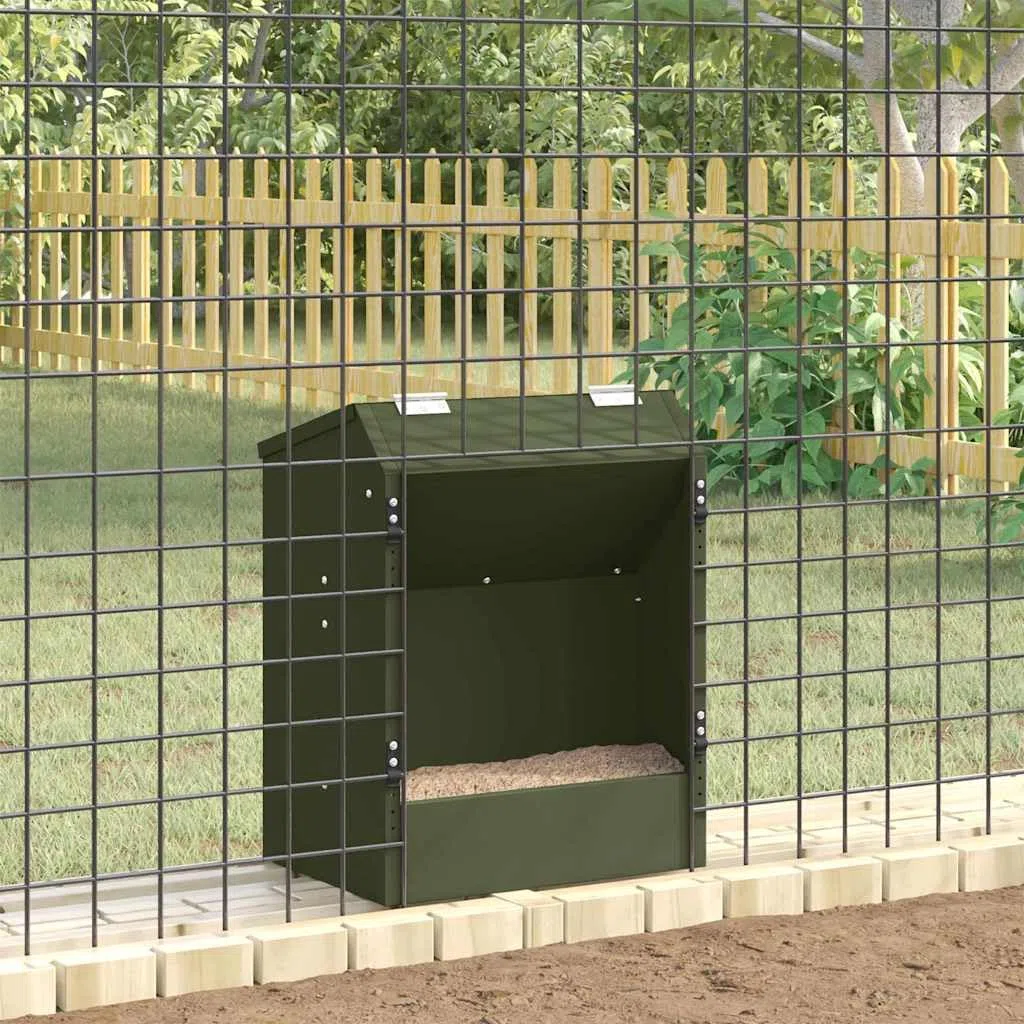 Comedero para conejos verde oliva de acero laminado en frío, 33,5 x 25,5 x 45,5 cm, resistente a la intemperie, con clips y agujeros para interior y exterior, capacidad de 3 kg, estable y fácil