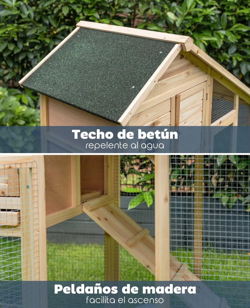 lionto Conejera de Madera caseta Exterior para Mascotas pequeñas cobertizo 140x65x119 cm | Conejera con rampa, 2 entradas, rejillas metálicas, techo de betún protegido contra la intemperie y cajón extraíble