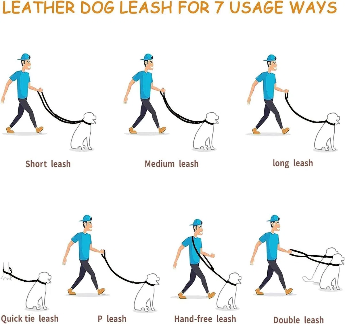 Correa de Cuero for Perros: Entrenamiento Manos Libres Genuino multifunción de 8 pies, Correa Deslizante Ajustable for Perros pequeños, medianos y Grandes(Black)
