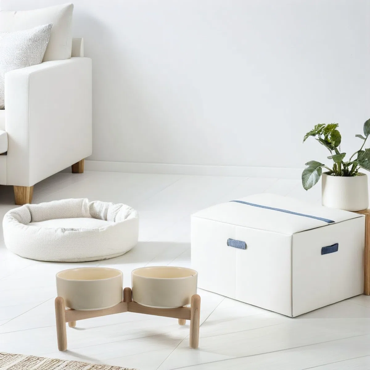 Comedero Doble Elevado para Perros y Gatos con Soporte de Madera Antideslizante, Cuencos de Cerámica Beige de 15,5 CM y 850 Ml, Adecuado para Mascotas Pequeñas y Alimentación