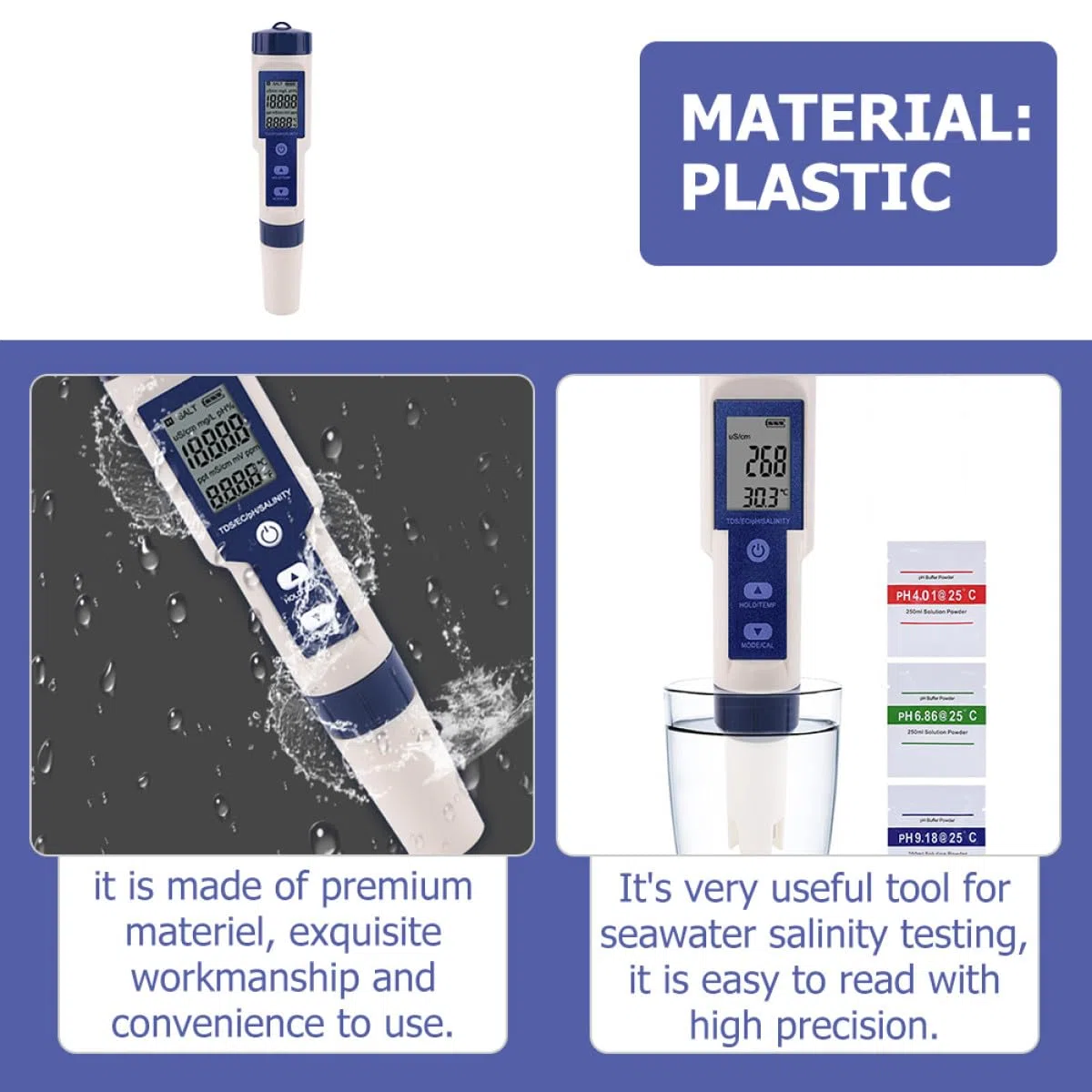 Digital Plástico Laboratorios Acuarios y Salinidad de Probador para LCD Diseño Único y Medición Ph, Material 3 Baterías Lr44 Incluidas Acuáticos