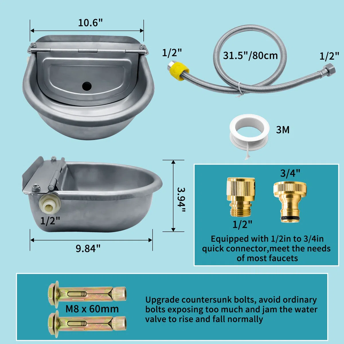 Cuenco automático de agua potable para animales, de acero inoxidable 304 para perro, caballo, cabra, cerdo, vaca, dispensador de agua de ganado con manguera de tubo, 2 válvulas flotantes, conector