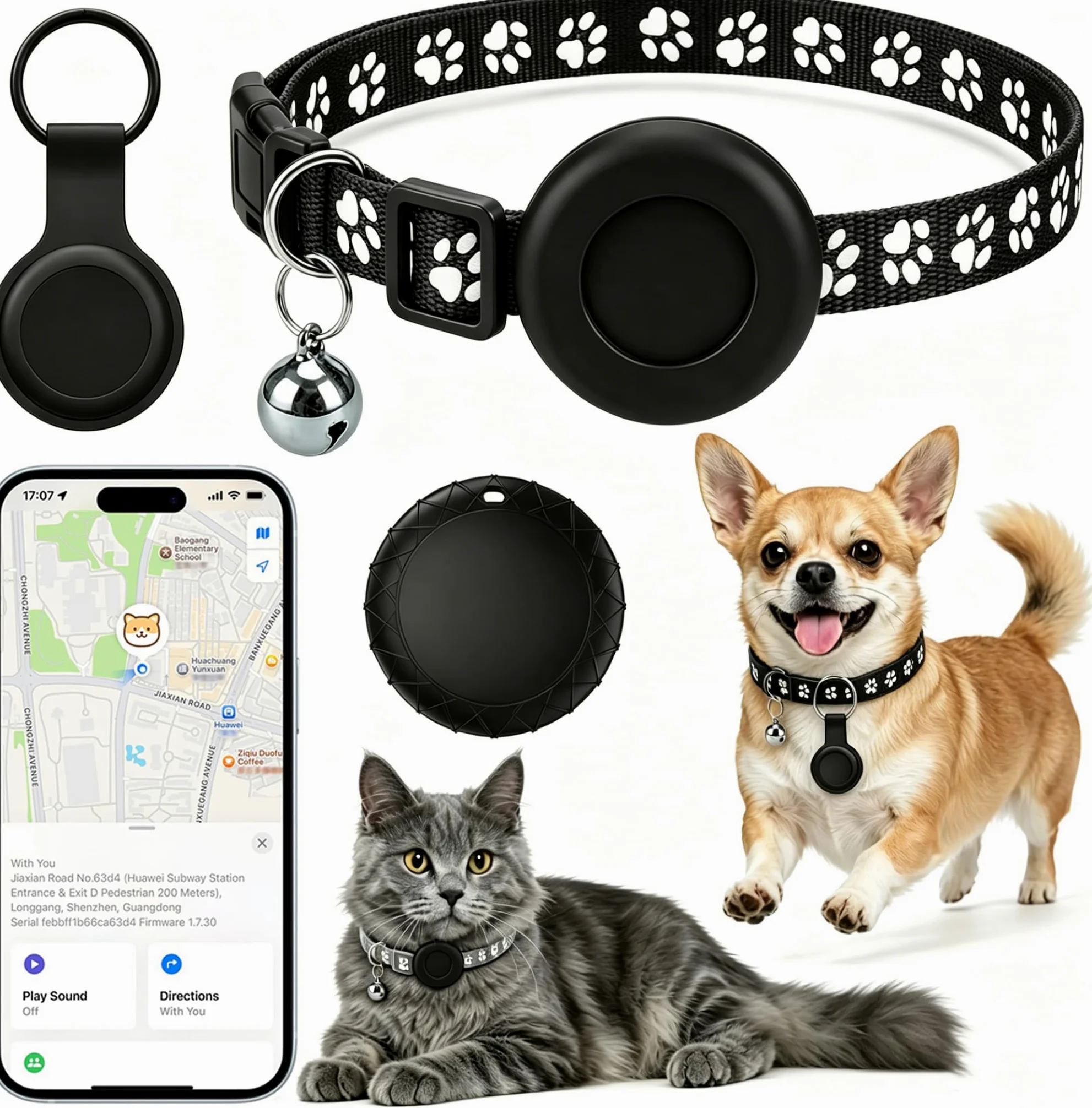 Rastreador GPS para perros y gatos (no requiere suscripción), rastreador GPS para collares de mascotas, certificado Apple MFi: funciona con iOS Find My, seguimiento global en tiempo real, impermeable