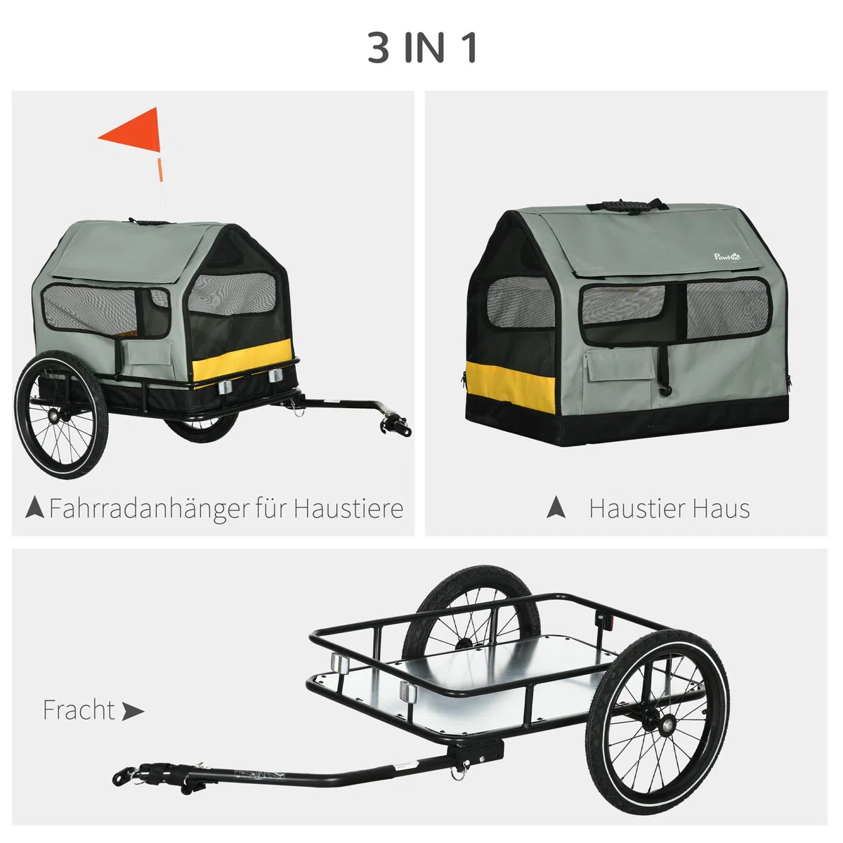 PawHut 3-en-1 remolque del perro casa de mascotas, remolque de carga remolque de bicicleta de perro, cochecito de perro con reflectores para perros pequeños de hasta 10 kg, Oxford, gris