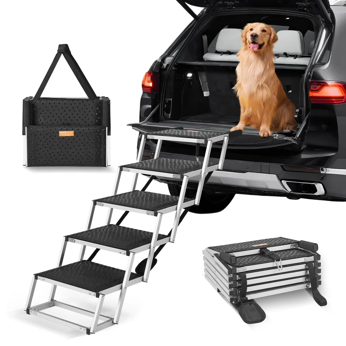 VEVOR Escaleras para Perros para Coche de 5 escalones, Carga de 68 kg Rampa Plegable para Perros de Aluminio Ligero con Superficie Antideslizante Escalones Portátiles de Mascotas para Coche y Camión