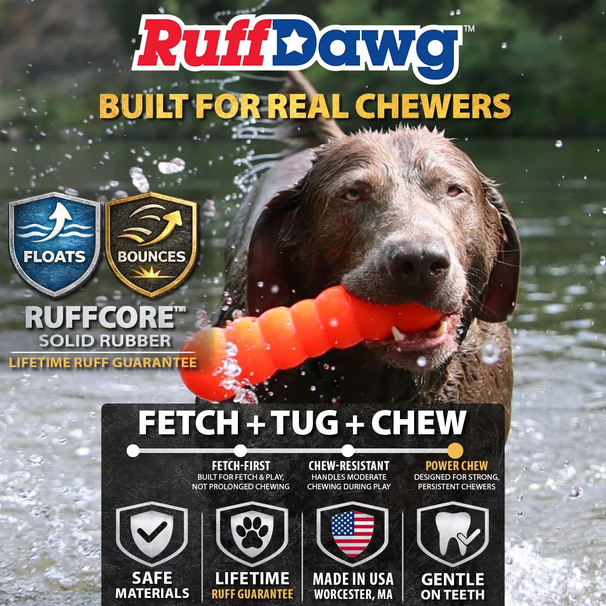 Ruff Dawg Dawg-Buster XL - Palo masticable indestructible de goma sólida para perros de menos de 40 libras, flota y rebota, fabricado en Estados Unidos