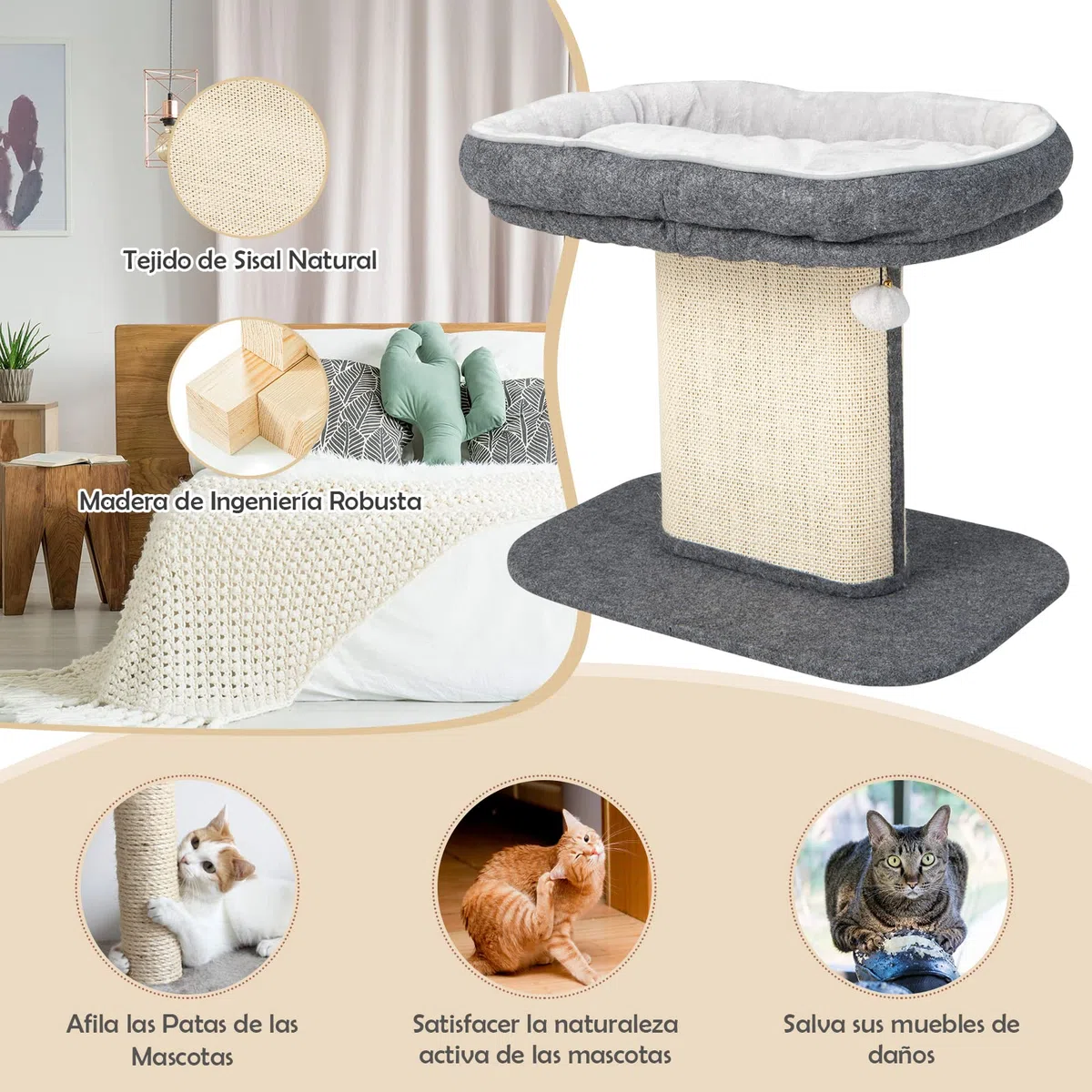 COSTWAY Árbol Rascador Pequeño para Gatos, 59 x 39 x 50 cm, Torre de Actividades para Gatitos con Poste Rascador de Sisal y Almoadilla de Felpa, Bola, Cama Rascador para Gatos con Cojín Suave (Gris)
