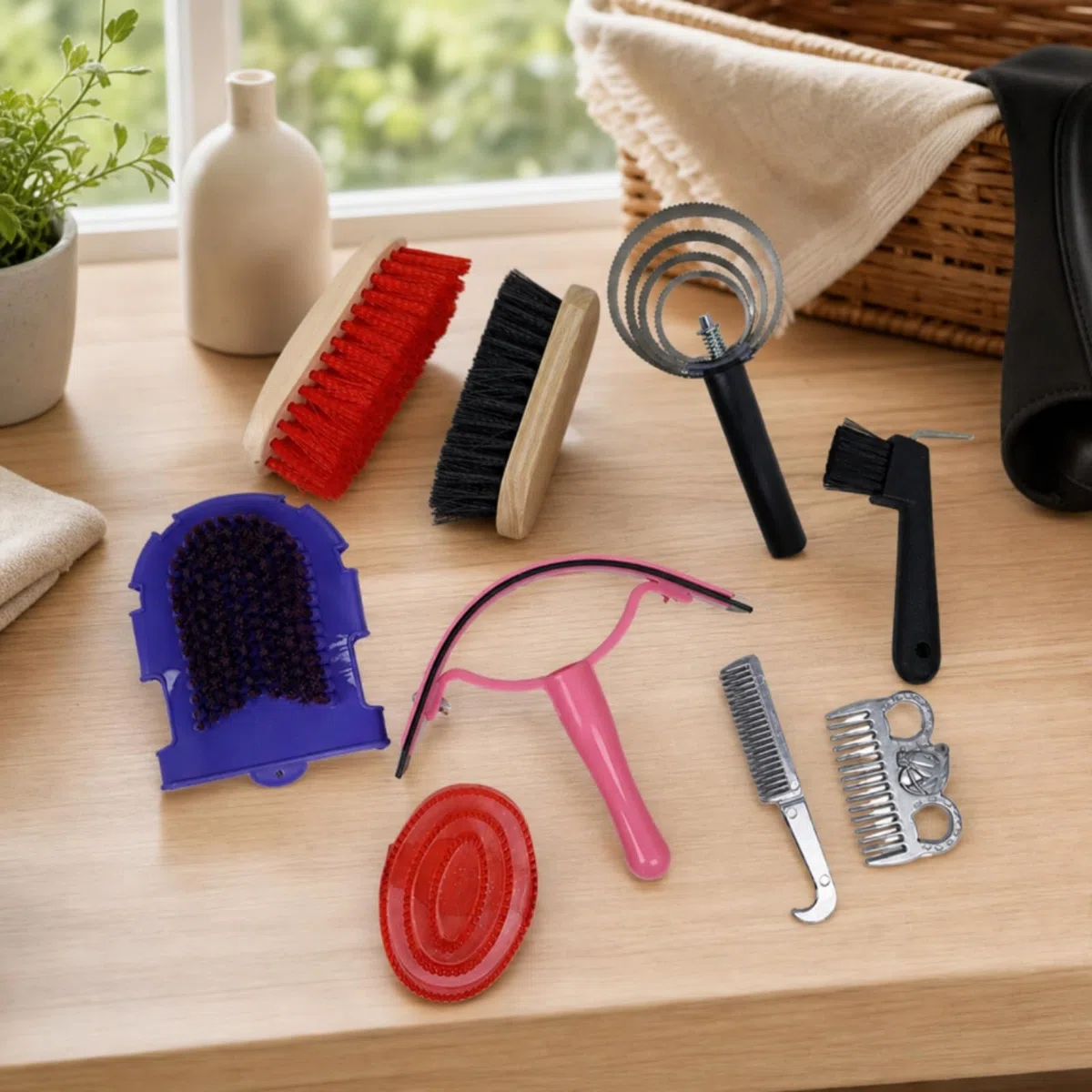 9 Piezas Cepillos para Cuidado Cepillo de Crin Peine Metálico de Goma Cepillo de Mano con Bolsa Impermeable y Mango de Madera Adecuado para Viajes Ecuestres