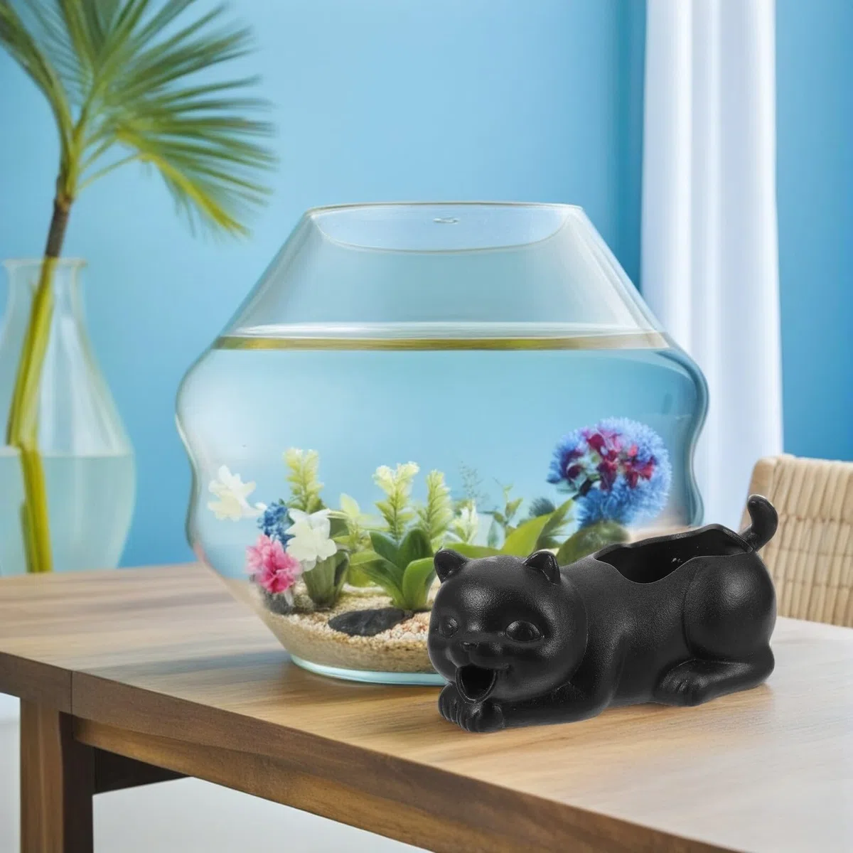 Decoración de Acuario Cerámica con Figura de Gato Negro Fuente de Agua para Estanques y Acuarios Accesorio Ornamental para Paisaje de Jardín y Mejora de Oxigenación de Agua Dulce