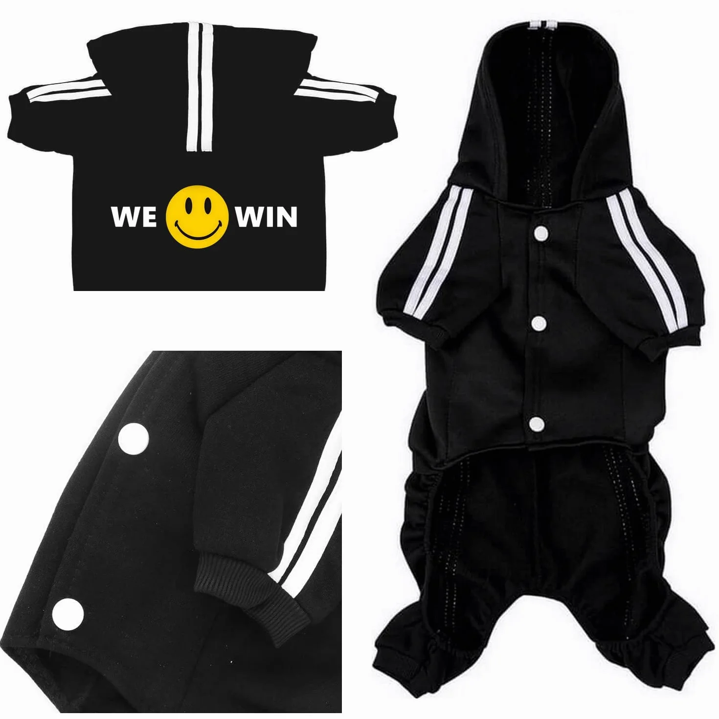 Traje lindo para mascotas, gato, perro, ropa con capucha, chaqueta de invierno, suéter de 4 patas, color negro, para cachorros, perros pequeños a medianos, niños y niñas (XS)