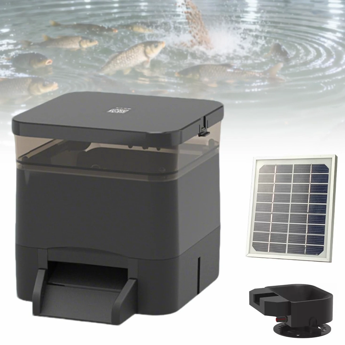 Alimentador para Peces de Estanque: Alimentador automático con energía Solar (4L/10L/20L), Equipado con Mecanismo de Lanzamiento de alimento, Ideal para estanques al Aire Libre Black-4L