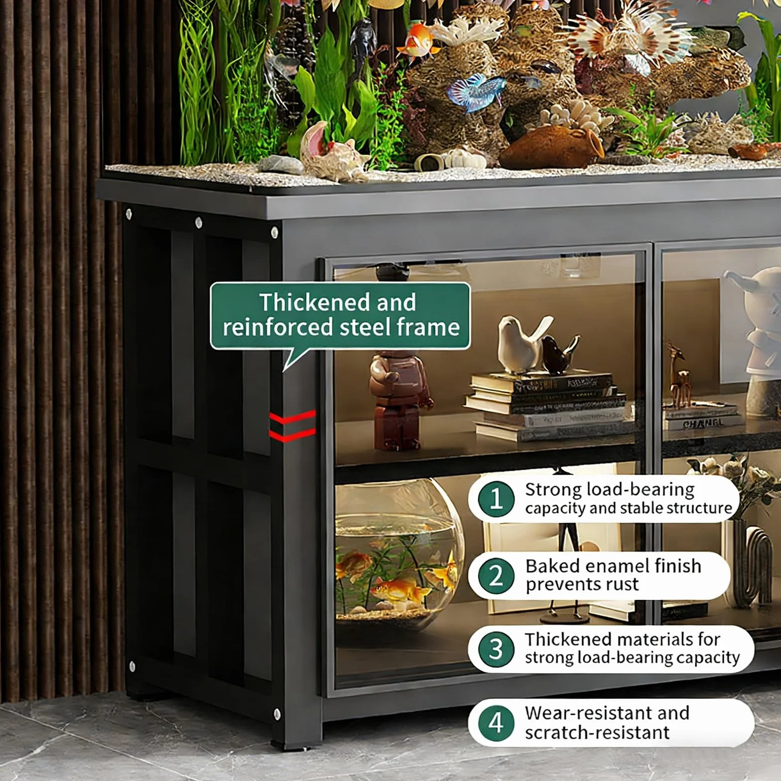 Moderno soporte para acuario con iluminación LED y puertas de cristal, gabinete resistente para peceras grandes y pequeñas, capacidad de 500 libras (blanco, 60 x 40 x 70 cm)