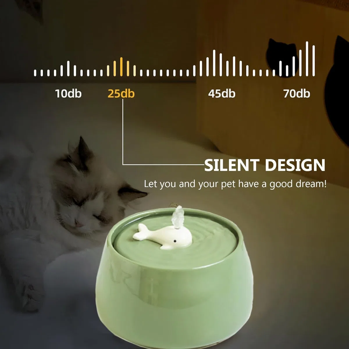 Fuente de agua de cerámica para gatos, 1.3L/45 onzas, cuencos de alimentación y bebida para mascotas, fuentes automáticas para gatos, cuenco ultra silencioso para gatos y perros, dispensador de agua