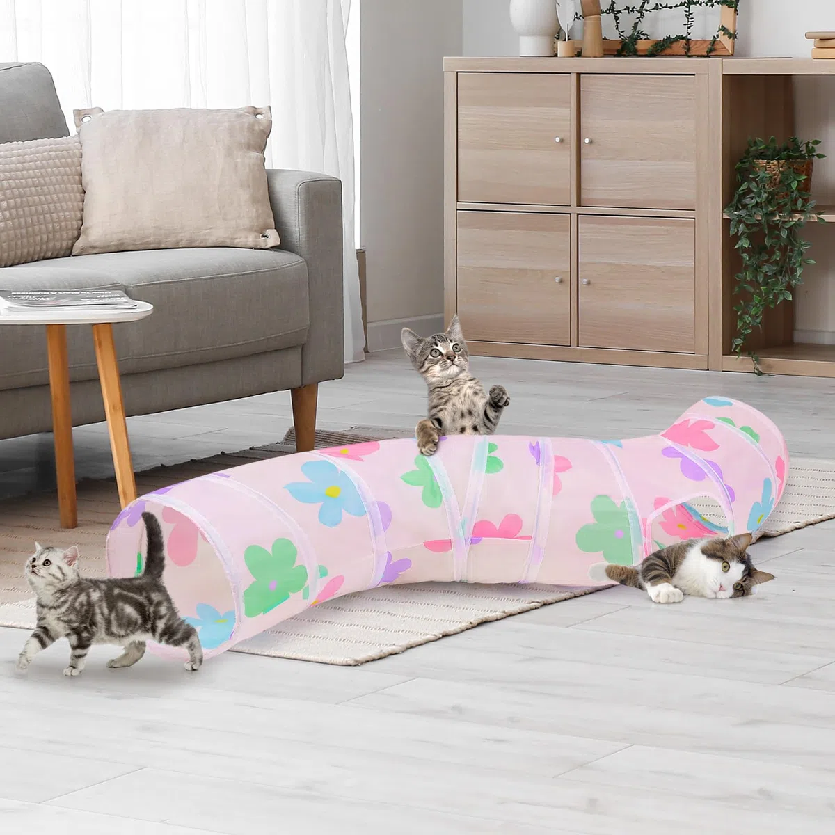 Glittme Túnel para Gatos, túneles para Gatos de Interior, Cueva de Gato Peekaboo en Forma de S con Juguetes para Gatos, Tubos Plegables para Gatos y túneles para Gatos, Conejo, Cachorro, cobaya