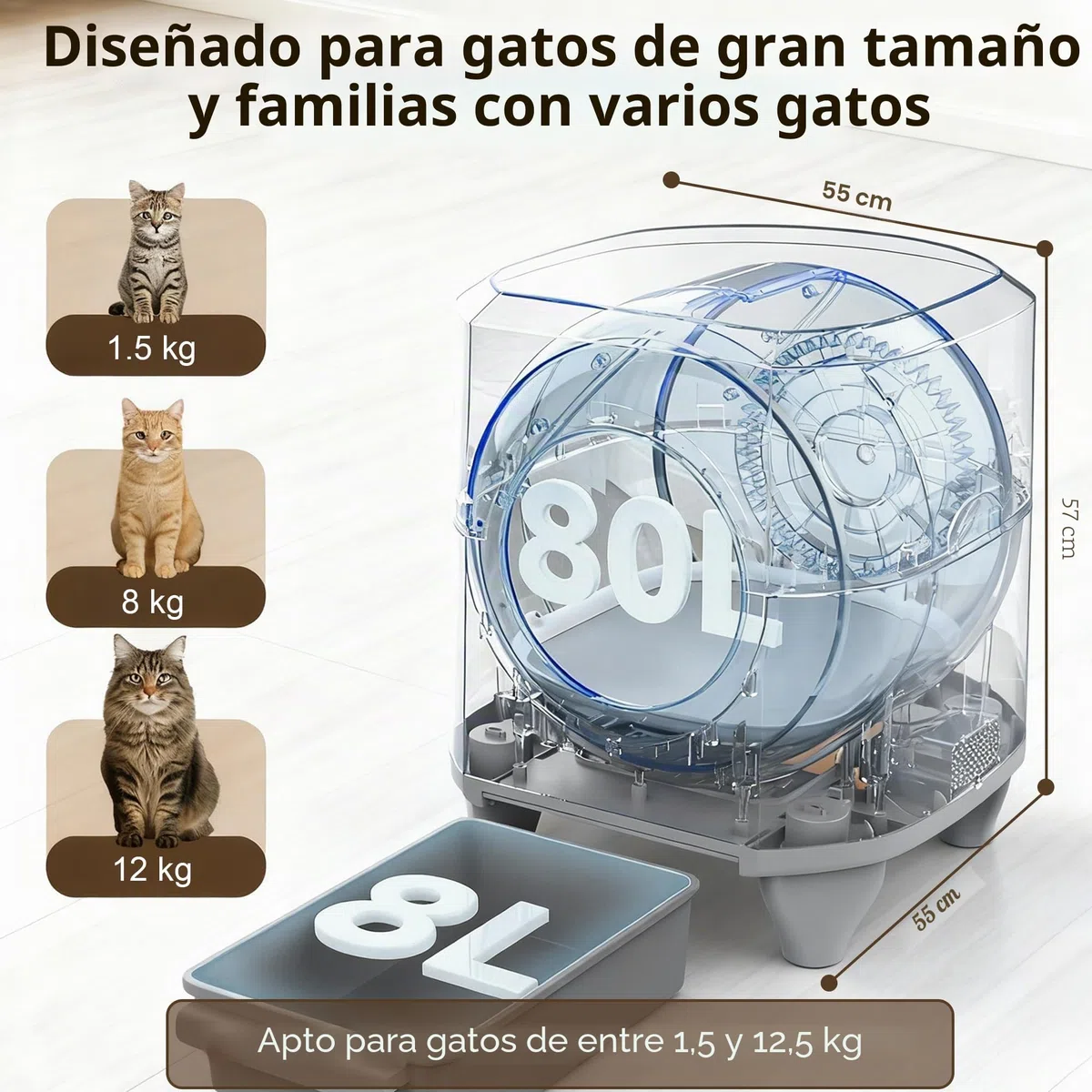 Arenero Gatos Autolimpiable, Caixa de Areia para Gatos Automatico, Estante Superior para Almacenamiento, Protección de Seguridad, App Control, Capacidad Grande de 80 litros, para Gatos Grandes