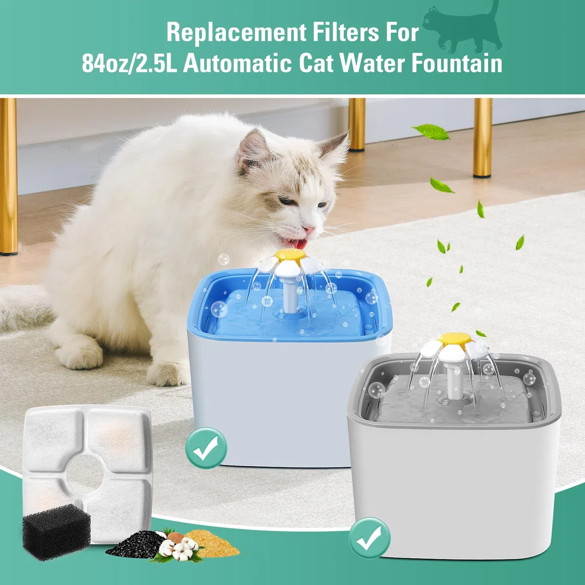 Paquete de 8 filtros de repuesto y 8 esponjas de prefiltro para fuente automática de mascotas de 84 onzas/2.5 L, filtro de fuente de agua BFLICROY para gatos, filtros de repuesto de fuente de mascotas