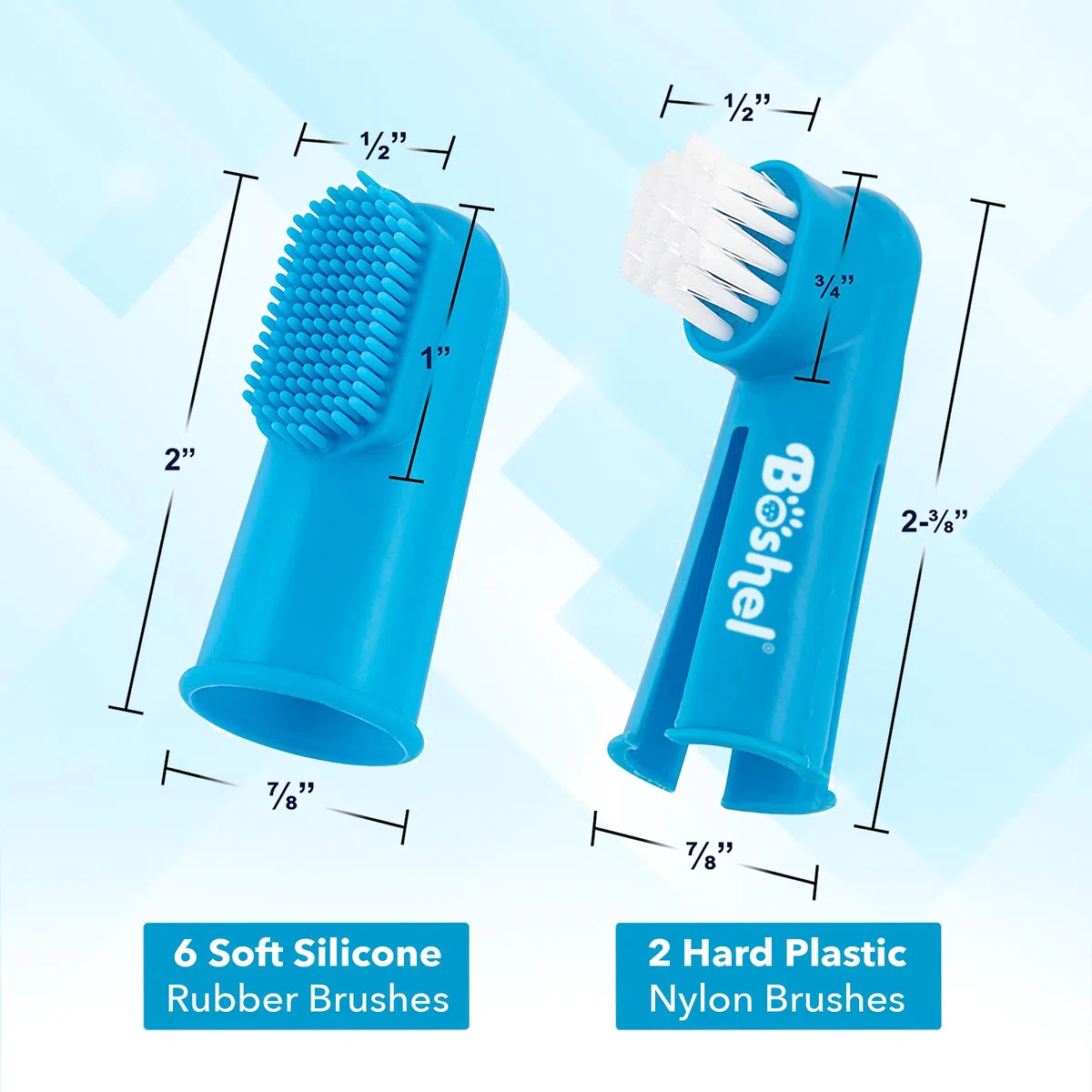 BOSHEL Juego de cepillos de dientes para perros, paquete de 8, incluye 6 cerdas de silicona + 2 cepillos de dientes para perros y gatos con cerdas de nailon, aprobado