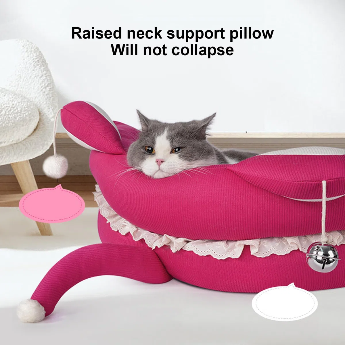 Fockety Cama para Perros Pequeños, Linda Forma 3D Colchón para Perros con Cama para Mascotas con Almohada de Cuello Elevado, Cómodo y Suave Cama Redonda para Mascotas con Juguetes para (M)