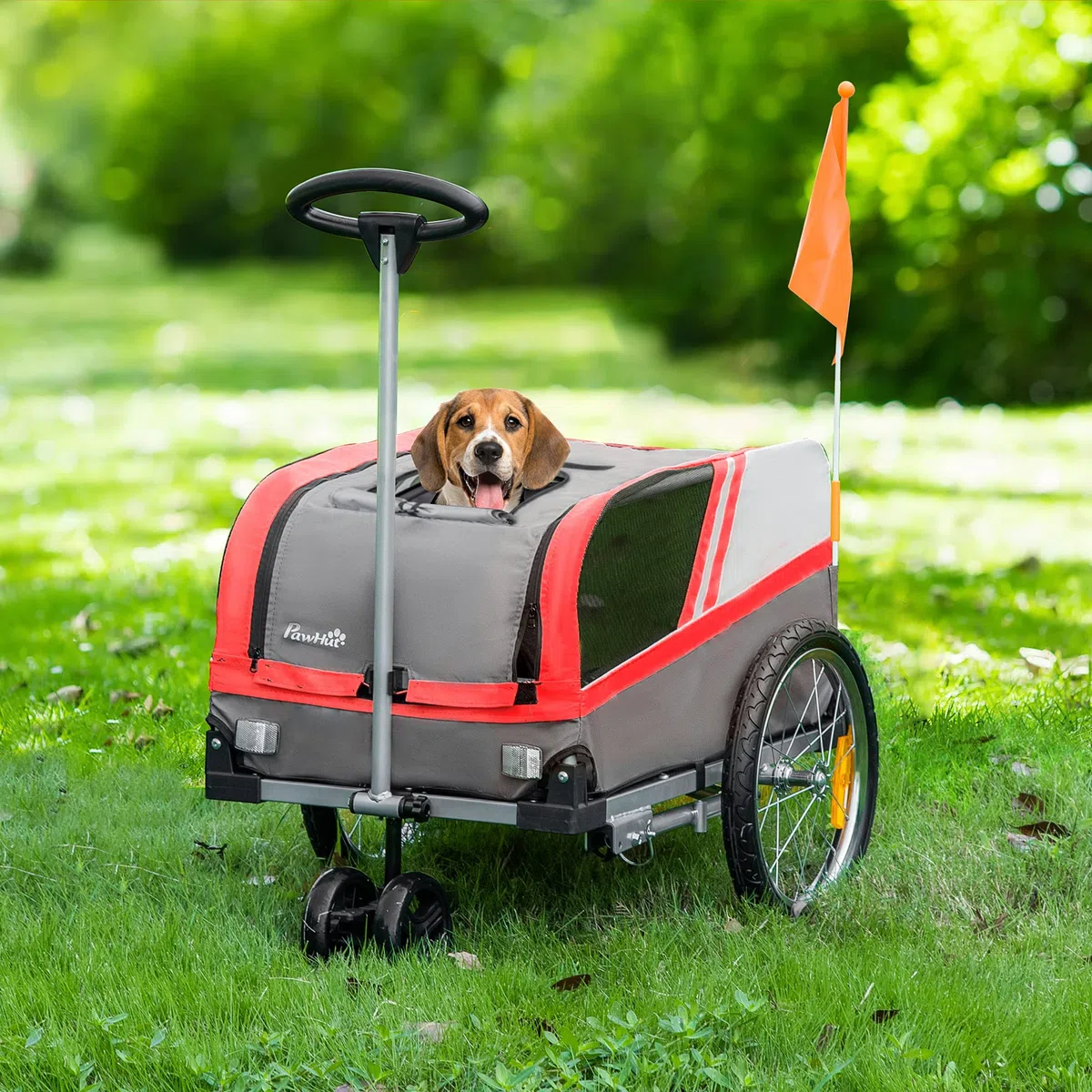PawHut Remolque de Bicicleta para Perros 2 en 1 Carrito para Mascotas con Enganche Cubierta Enrollable Cinturón de Seguridad Bandera y Reflectores 130x64x97 cm