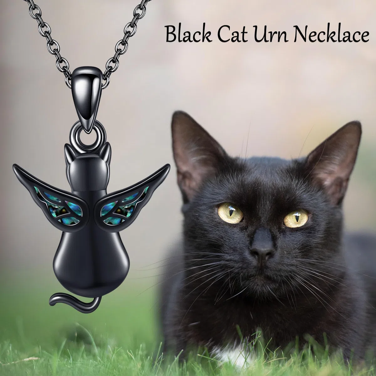 ONEFINITY Collar de urna de gato negro para cenizas, plata de ley, alas de ángel, recuerdo de gato, colgante conmemorativo para mascotas, regalo de joyería para mujeres y hombres