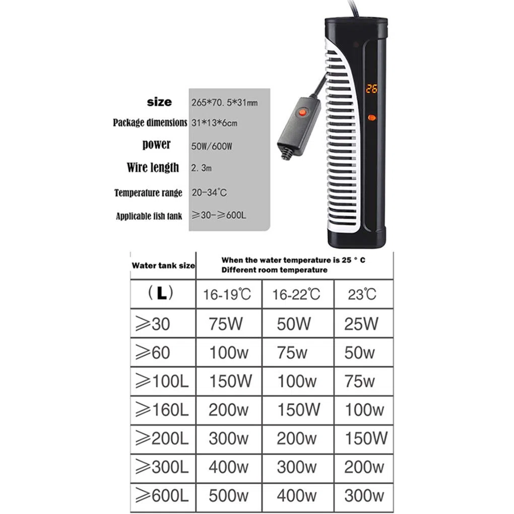 Calentador de Acuario Calentador Sumergible para acuarios con Pantalla LED de Temperatura Visible y Controlador de Temperatura Externo, Calentador automático de termostato